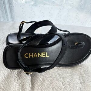 Chanel Black Sandals with Gold Accents